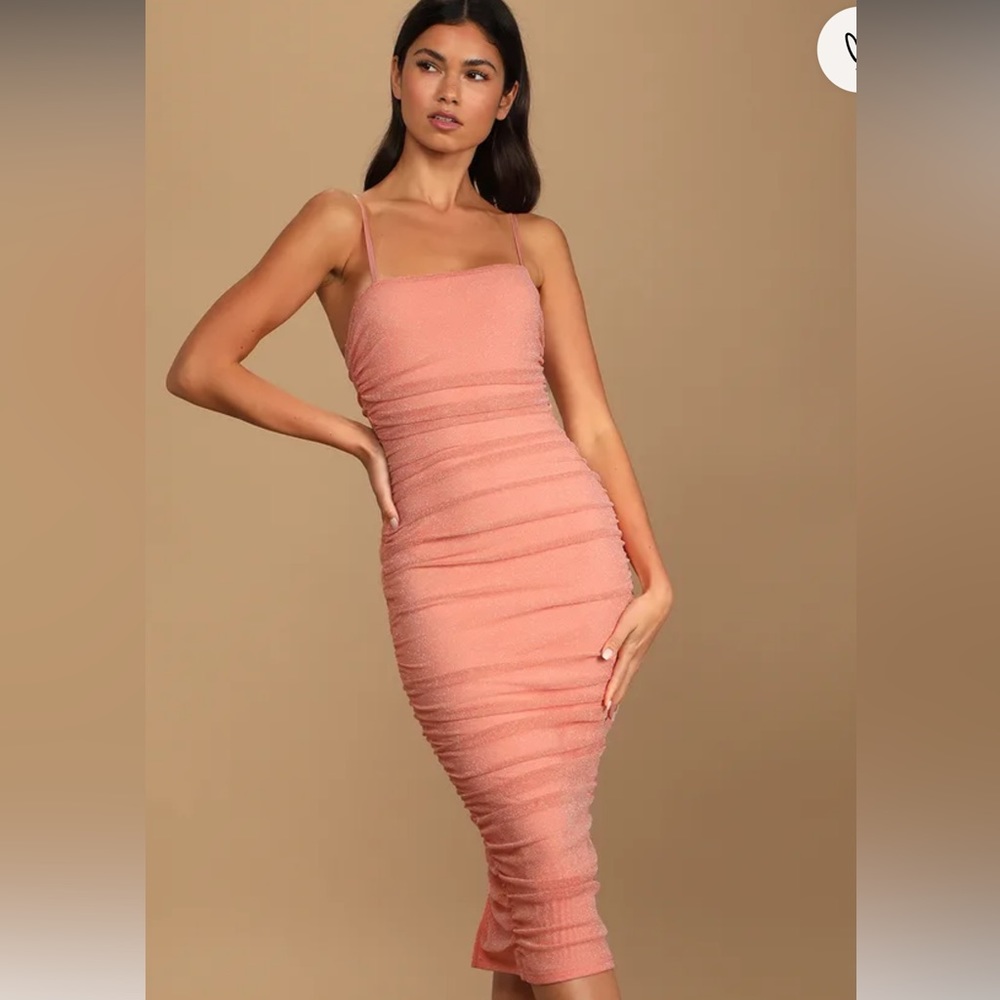 Coral Metallic Ruched bodycon midi dress
